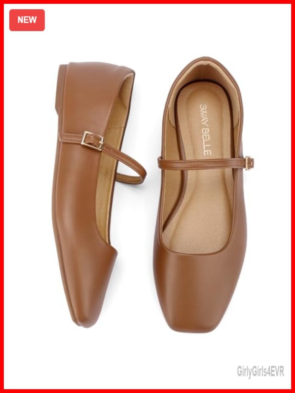 Women's Square Toe Mary Jane Flats with Adjustable Buckle, Faux Leather,